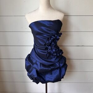 Y2K Daisy Navy Blue Satin Prom Formal Hoco Mini Dress M Bubble Hem 3D Flowers
